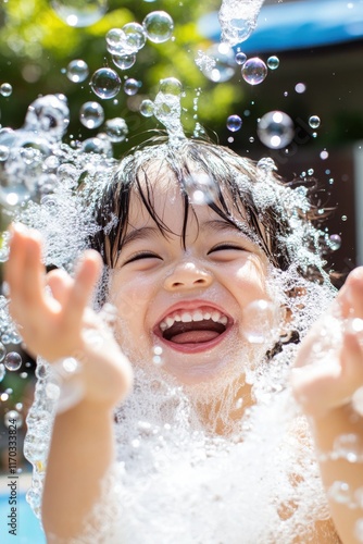 Happy child splashing water and playing with bubbles in summer sunlight. Close-up portrait of joyful childhood moments outdoors.