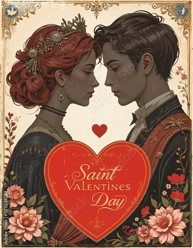 Royal Couple in Period Attire Sharing Romantic Valentine's Moment with Ornate Design