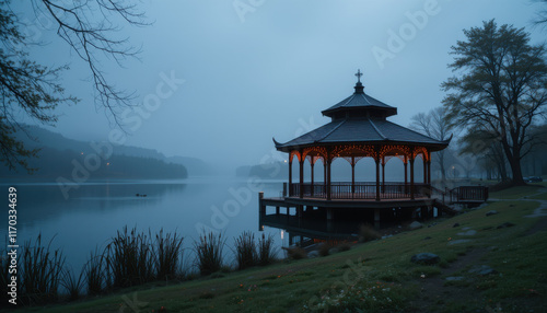Wallpaper Mural Serene lakeside gazebo shrouded in fog at dawn. Torontodigital.ca