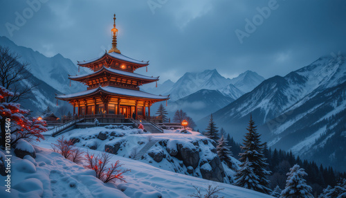 Wallpaper Mural Serene winter landscape featuring a traditional pagoda in the mountains. Torontodigital.ca