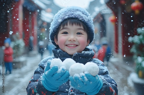 Happy Child Playing In Snow During Winter photo