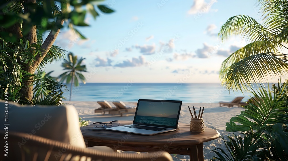 Digital Nomad Lifestyle Concept Remote Work by the Ocean Digital Nomad Lifestyle Concept Remote Work by the Ocean
