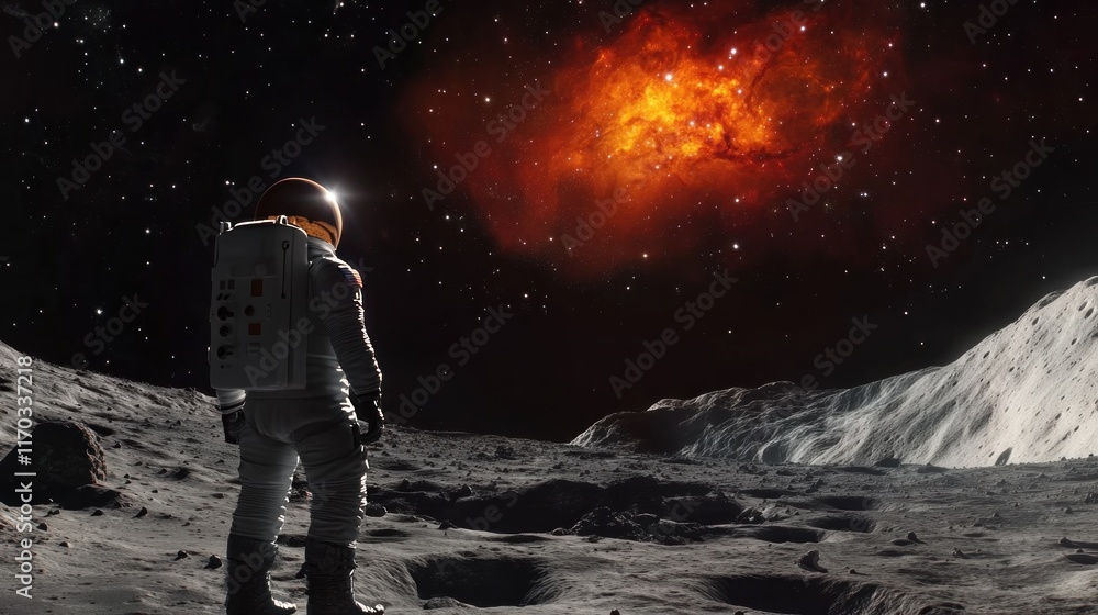Obraz premium Astronaut on Lunar Surface: A Solitary Figure Gazing at a Celestial Nebula