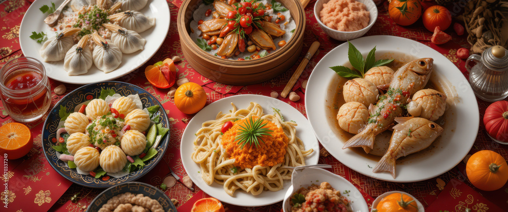 A festive table spread featuring various traditional dishes. A festive table spread featuring various traditional dishes.