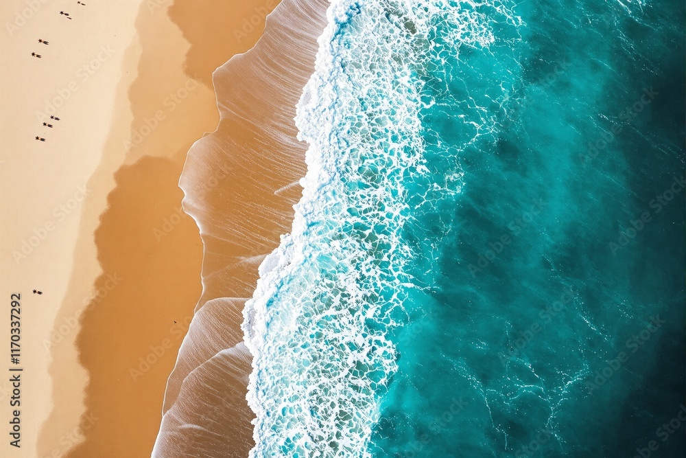 Aerial view of a sandy beach with turquoise waves meeting the shore. Footprints on the sand add detail. Coastal nature concept. Ai generative Aerial view of a sandy beach with turquoise waves meeting the shore. Footprints on the sand add detail. Coastal nature concept. Ai generative