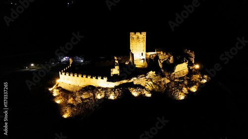 Night aerial view of the castle of Cly Saint Denis Aosta Valley