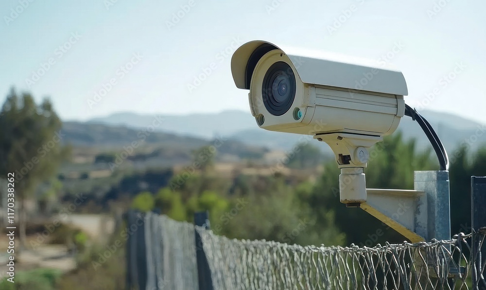 Security camera surveillance, rural landscape, fence, monitoring Security camera surveillance, rural landscape, fence, monitoring
