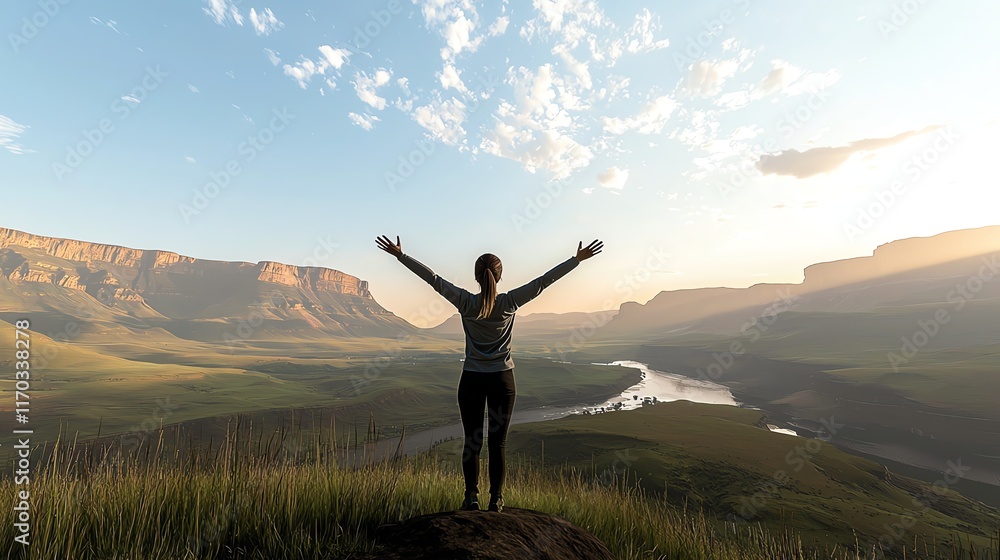 A rear view of a hiker with her arms stretched towards the vast open sky, standing at the edge of a green hilltop A rear view of a hiker with her arms stretched towards the vast open sky, standing at the edge of a green hilltop