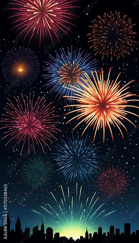 Festive Fireworks Display Over City Skyline at Night Festive Fireworks Display Over City Skyline at Night