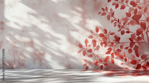 Studio backdrop with wall interior featuring leaf shadows in red and white tones, ideal for product placement and text insertion. 