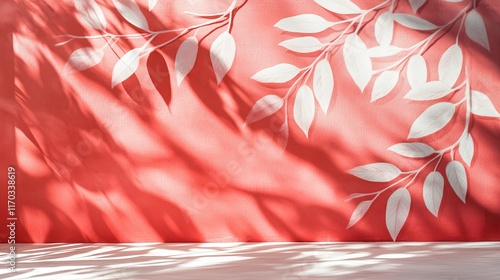Studio backdrop with wall interior featuring leaf shadows in red and white tones, ideal for product placement and text insertion. 