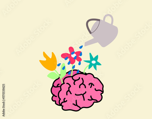 Watering brain, selfcare and mental health concept illustration