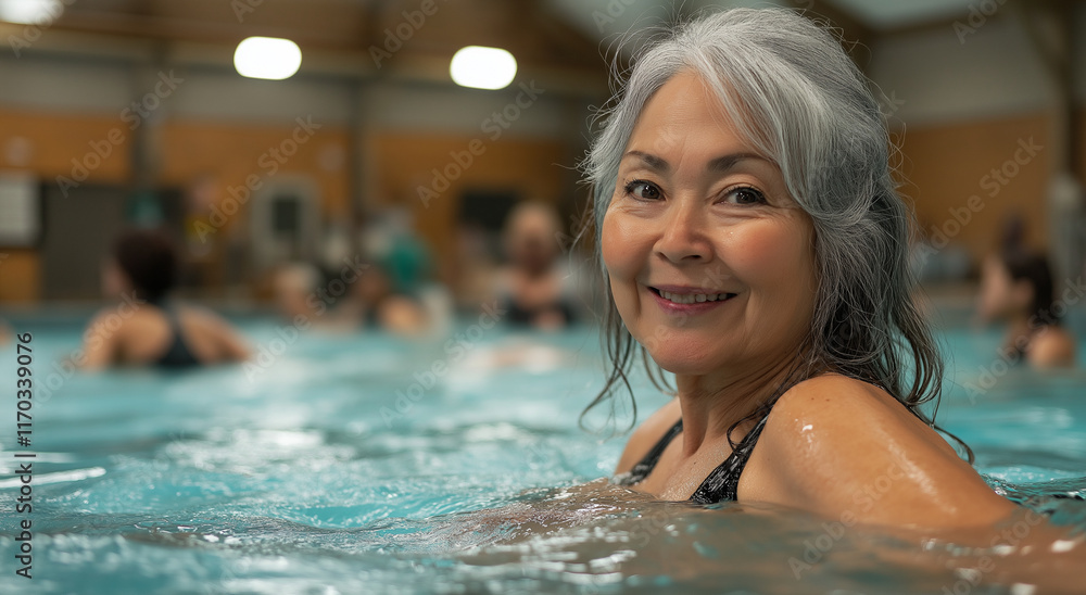 Obraz premium A senior woman with gray hair swims in the pool at an indoor gym, surrounded by other people engaging in various sports and fitness activities. The atmosphere is lively yet calm as