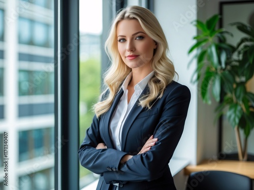 Free Download A professional young businesswoman stands confidently by the window, exuding professionalism and thoughtfulness - GFXLoad