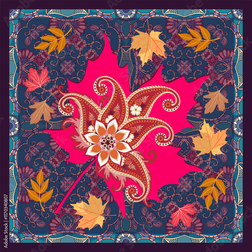 Beautiful square card with autumn leaves on ornamental background.