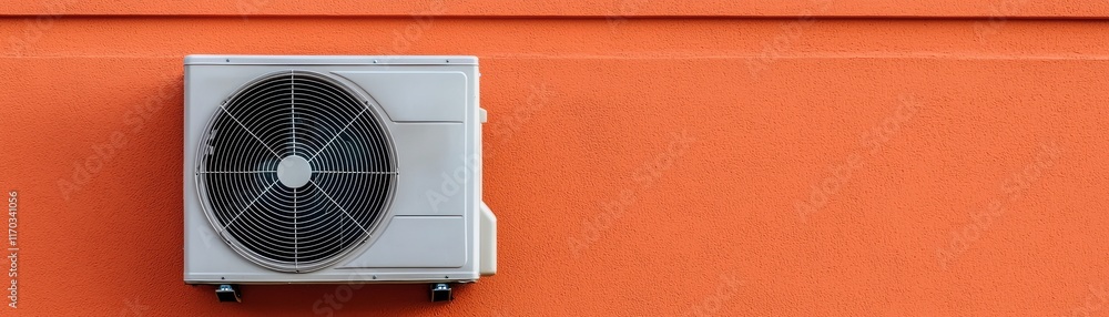 An air conditioning unit is mounted on a vibrant orange wall, showcasing modern design and functionality. An air conditioning unit is mounted on a vibrant orange wall, showcasing modern design and functionality.