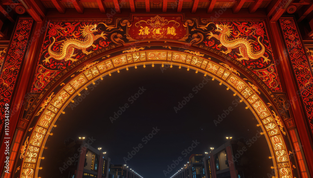 Obraz premium Illuminated archway with dragon motifs at night.