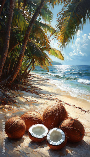 tropical paradise featuring white sandy beach, turquoise ocean, tall coconut palm trees, and whole and halves coconuts in the foreground under warm sunlight, embodying an idyllic vacation scene
