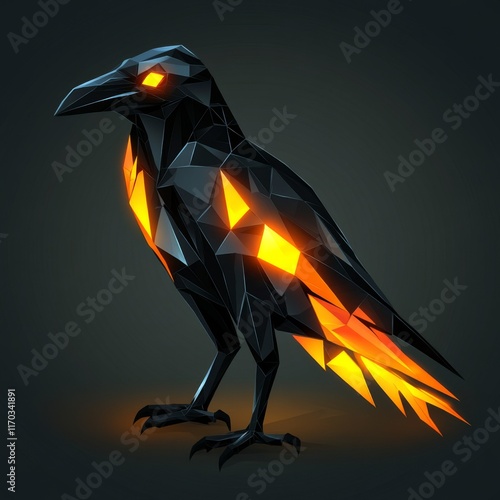 Low-poly raven with glowing orange accents. photo