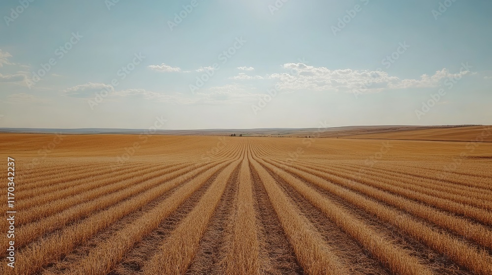 Golden Fields of Harvest: Rows of Wheat Stretching Towards the Horizon Under a Summer Sky Golden Fields of Harvest: Rows of Wheat Stretching Towards the Horizon Under a Summer Sky