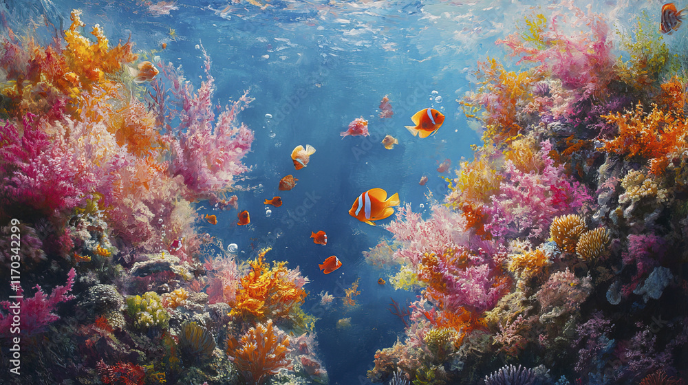 Fototapeta premium vibrant coral reef teeming with colorful marine life and fish