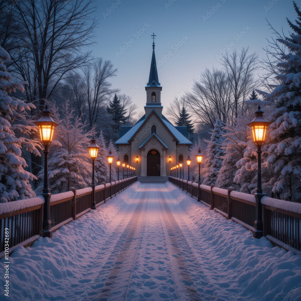 Snow-covered path leading to a charming church at twilight. Snow-covered path leading to a charming church at twilight.