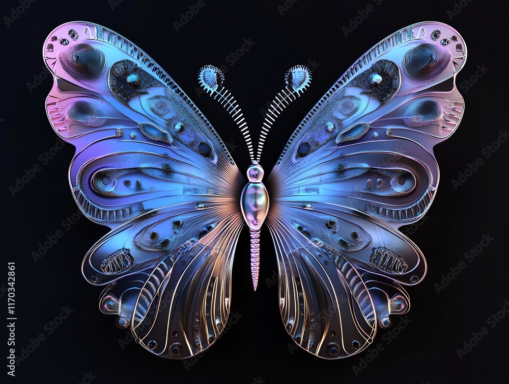 Fototapeta premium Butterfly shape, layered metallic wings, luminescent accents, 3D illustration