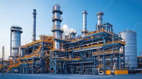 Wallpaper Mural Industrial Power: A Modern Refinery at Dusk. This image captures the intricate network of pipes, towers, and structures of a contemporary refinery, silhouetted against the twilight sky. Torontodigital.ca