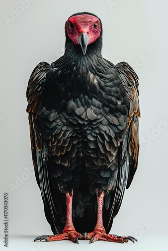 A striking black bird with a distinctive red head and bright legs, showcasing unique feather patterns and a commanding presence. photo