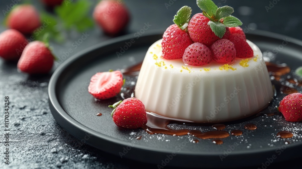 A delicate pudding garnished with a tower of fresh strawberries, with a hint of lemon zest and caramelized sugar, displayed on a dark slate plate for contrast. A delicate pudding garnished with a tower of fresh strawberries, with a hint of lemon zest and caramelized sugar, displayed on a dark slate plate for contrast.