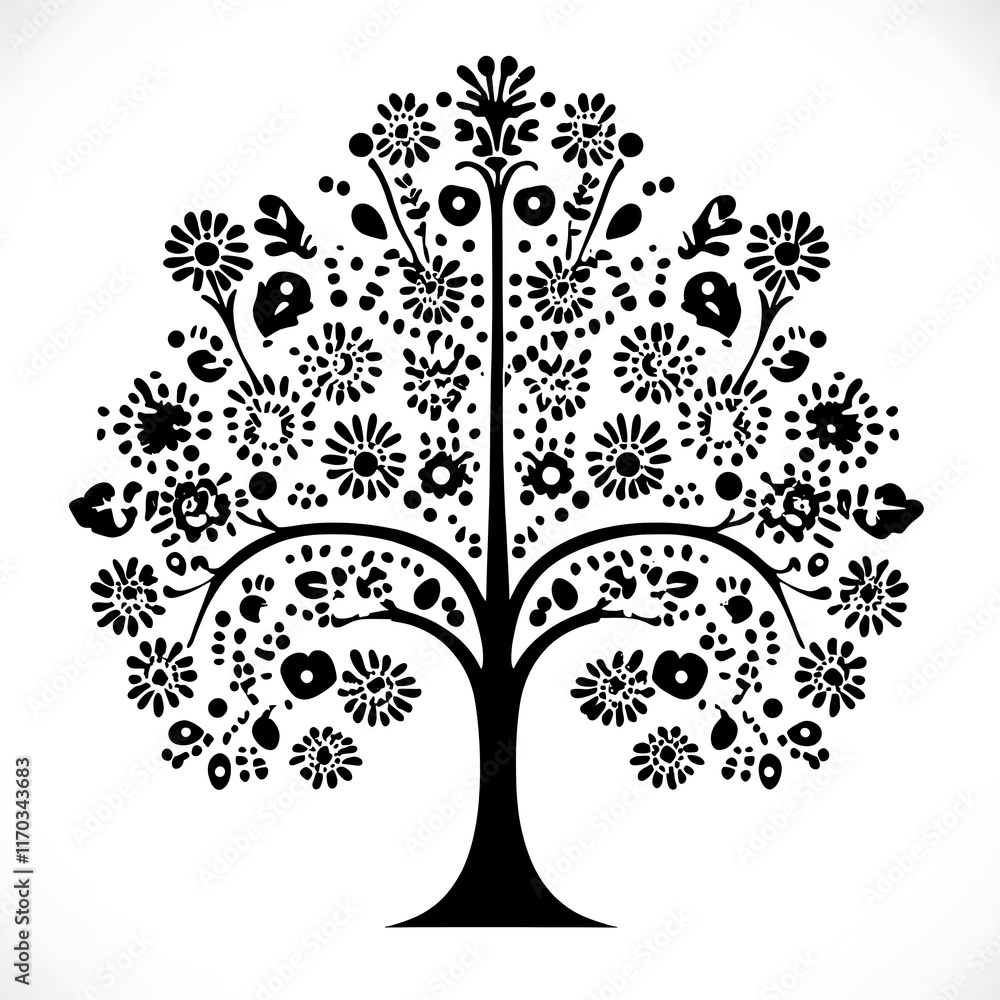 Obraz premium Decorative floral tree in black and white.