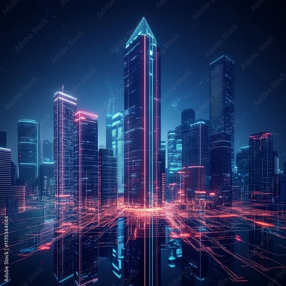 Fototapeta premium Futuristic cityscape, neonlit skyscrapers, cyberpunk ambiance, 3D illustration