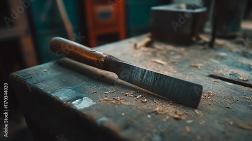 Chisel with a wooden handle, showcasing sharp blade and fine craftsmanship