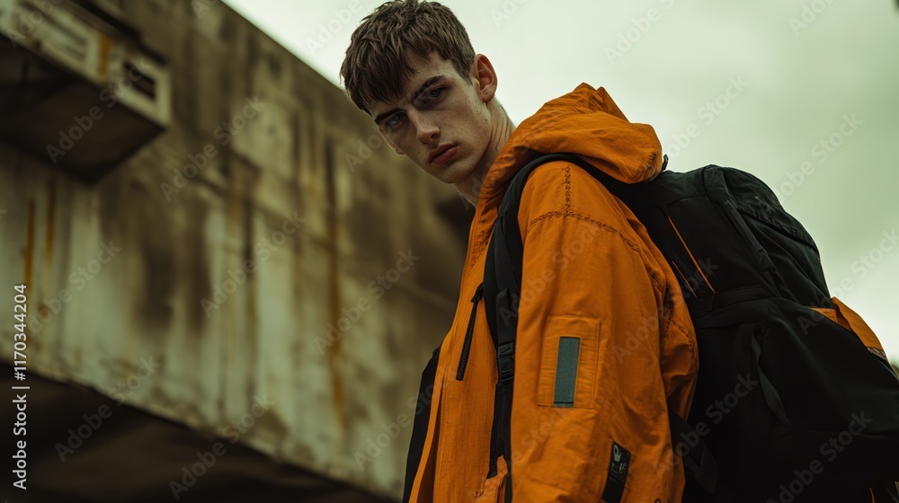 Fototapeta premium Urban Explorer: A Young Man with Backpack in a Post-Apocalyptic Setting
