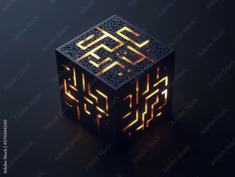 Obraz premium Geometric cube logo, intricate patterns, glowing accents, 3D icon style