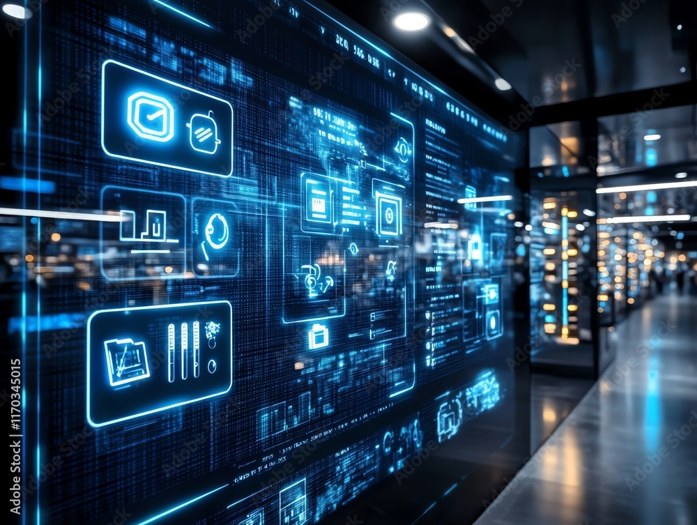 Digital Data Stream: Futuristic Blue Interface on Server Room Wall Digital Data Stream: Futuristic Blue Interface on Server Room Wall