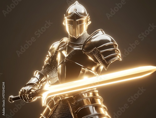 Medieval knight in shining armor, heroic pose, glowing sword, 3D illustration