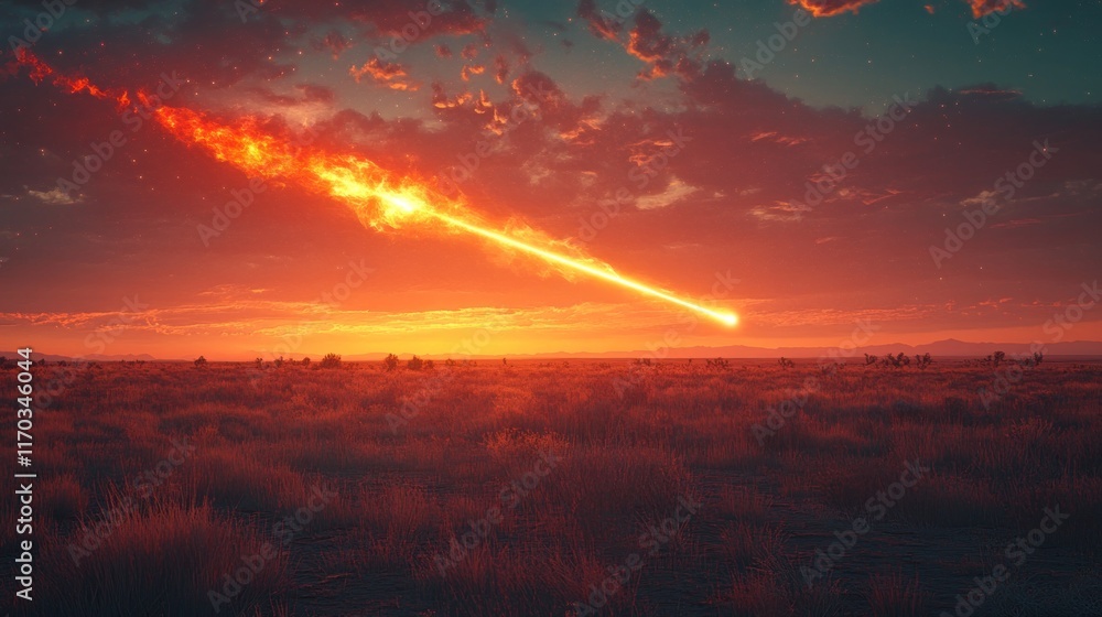 Fiery meteor streaking across sunset desert sky. Fiery meteor streaking across sunset desert sky.