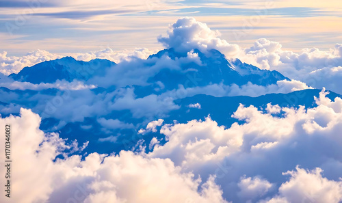 Snow, fog, glacier and ice mountain above clouds under vibrant blue sky view backdrop, background or wallpaper for desktop computer photo