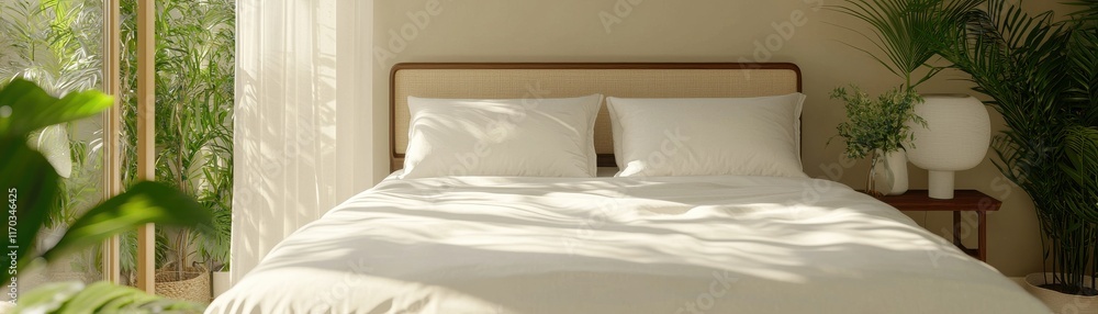 Obraz premium A bright, minimalist bedroom featuring a cozy bed with white linens, surrounded by natural light and indoor plants for a serene atmosphere.