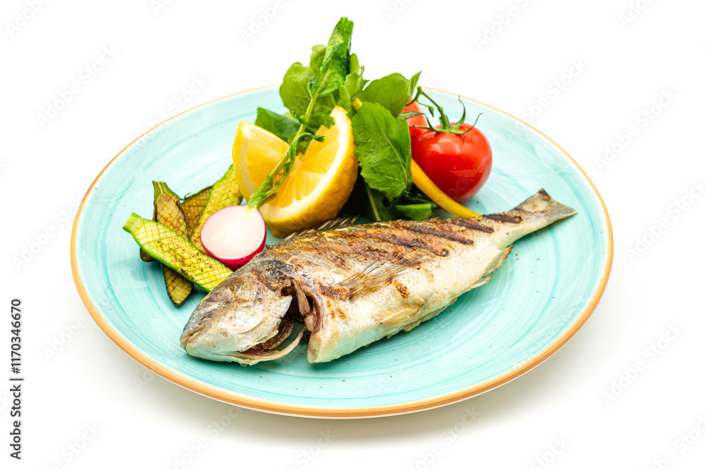 Grilled sea bream with vegetables and greens on white background Grilled sea bream with vegetables and greens on white background