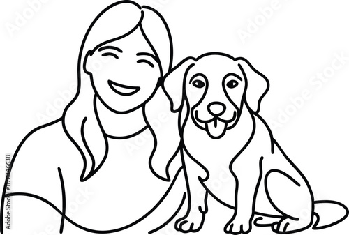 Continuous line drawing happy pet lover with dog