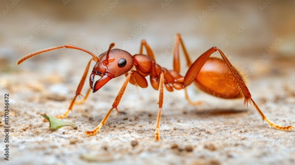 Close-up of a single red ant on ground. Close-up of a single red ant on ground.