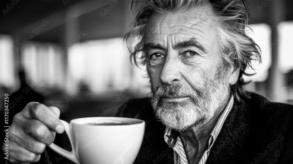 Black and White Portrait of a Man Enjoying Coffee Black and White Portrait of a Man Enjoying Coffee