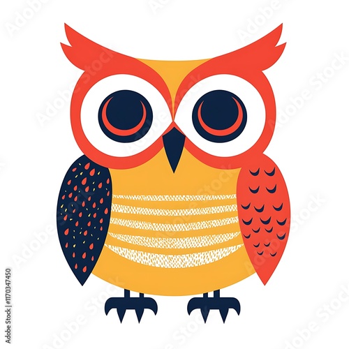 Colorful owl illustration with red, blue, yellow, and white on white background. photo