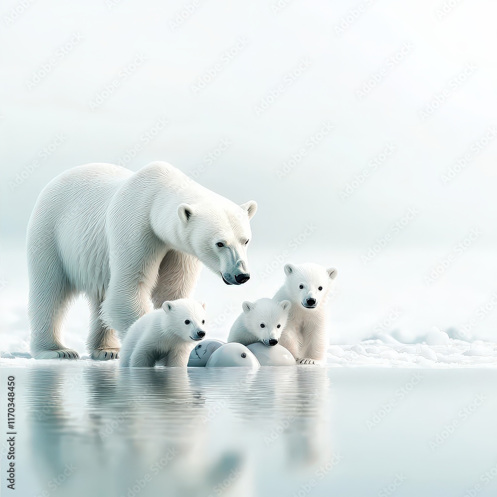 Fototapeta premium A polar bear teaching her cubs to hunt seals.