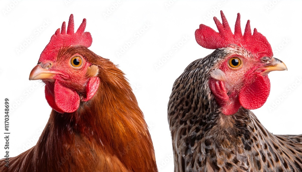 Naklejka premium Portrait of two chickens isolated on white background