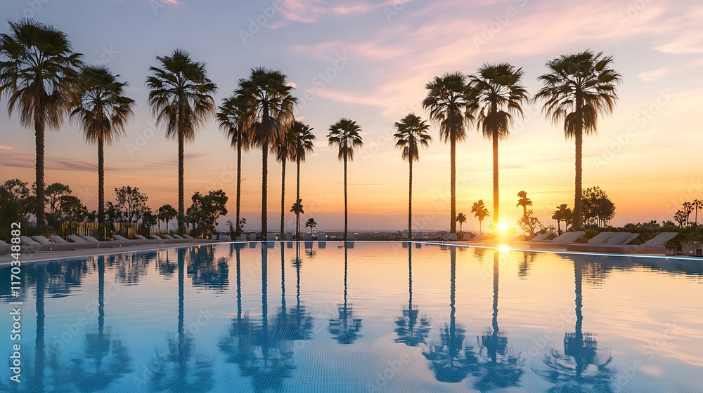 Tranquil sunset over a resort pool with palm trees. Tranquil sunset over a resort pool with palm trees.