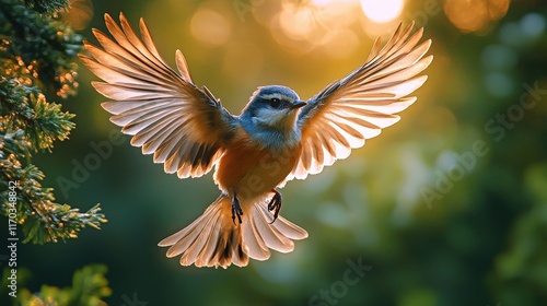 Young bird takes its first flight from a branch under the golden glow of sunset in a serene forest setting