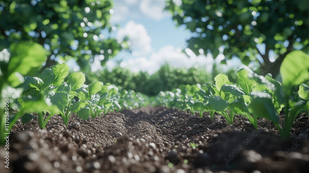 Lush Green Rows of Vegetables Under Bright Sky Lush Green Rows of Vegetables Under Bright Sky